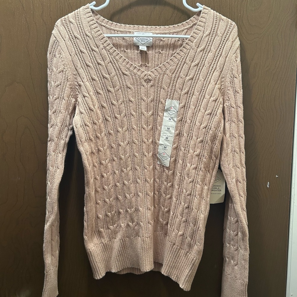 St Johns Bay Long Sleeve Sweater Women’s Medium Cinnamon Beige V Neck Cable Knit
